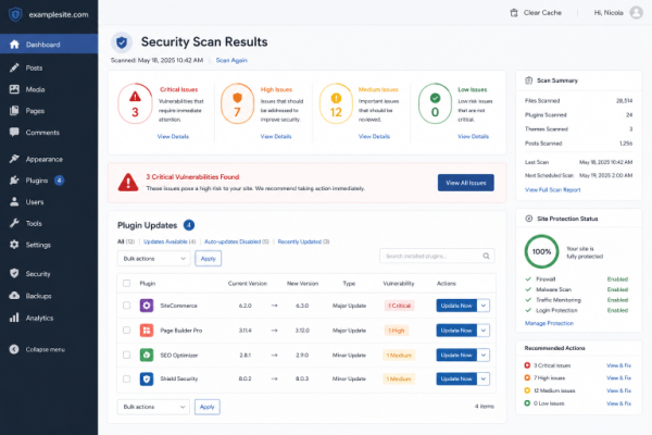 Example WordPress security dashboard showing critical, high, and medium plugin vulnerabilities flagged after a scan