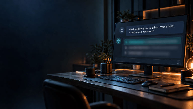 A computer screen showing an AI assistant asked which web designer it would recommend in Melbourne's inner west