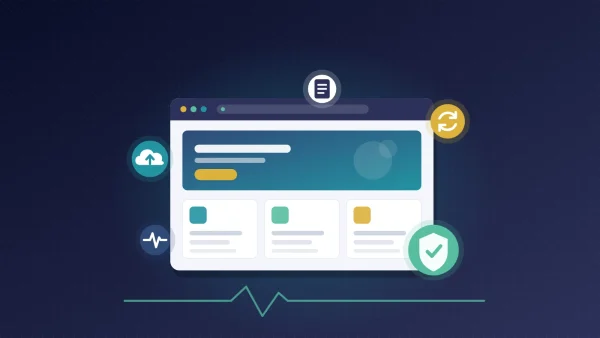 Illustration of a website surrounded by icons for backups, updates, security, uptime monitoring and a monthly report