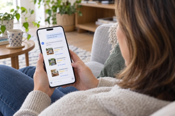 Woman on her sofa asking an AI assistant on her phone to recommend a local business