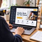 Small business owner editing a WordPress website on a laptop beside a phone showing an Instagram profile