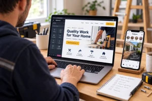 Small business owner editing a WordPress website on a laptop beside a phone showing an Instagram profile